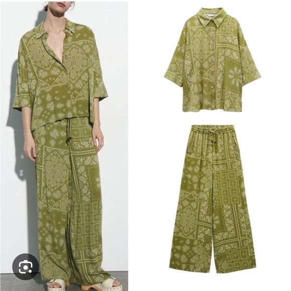 Zara Zara Womens Paisley Bandana Print Green Satin Pants Size 27" / US 4 / IT 40 - 2 Thumbnail