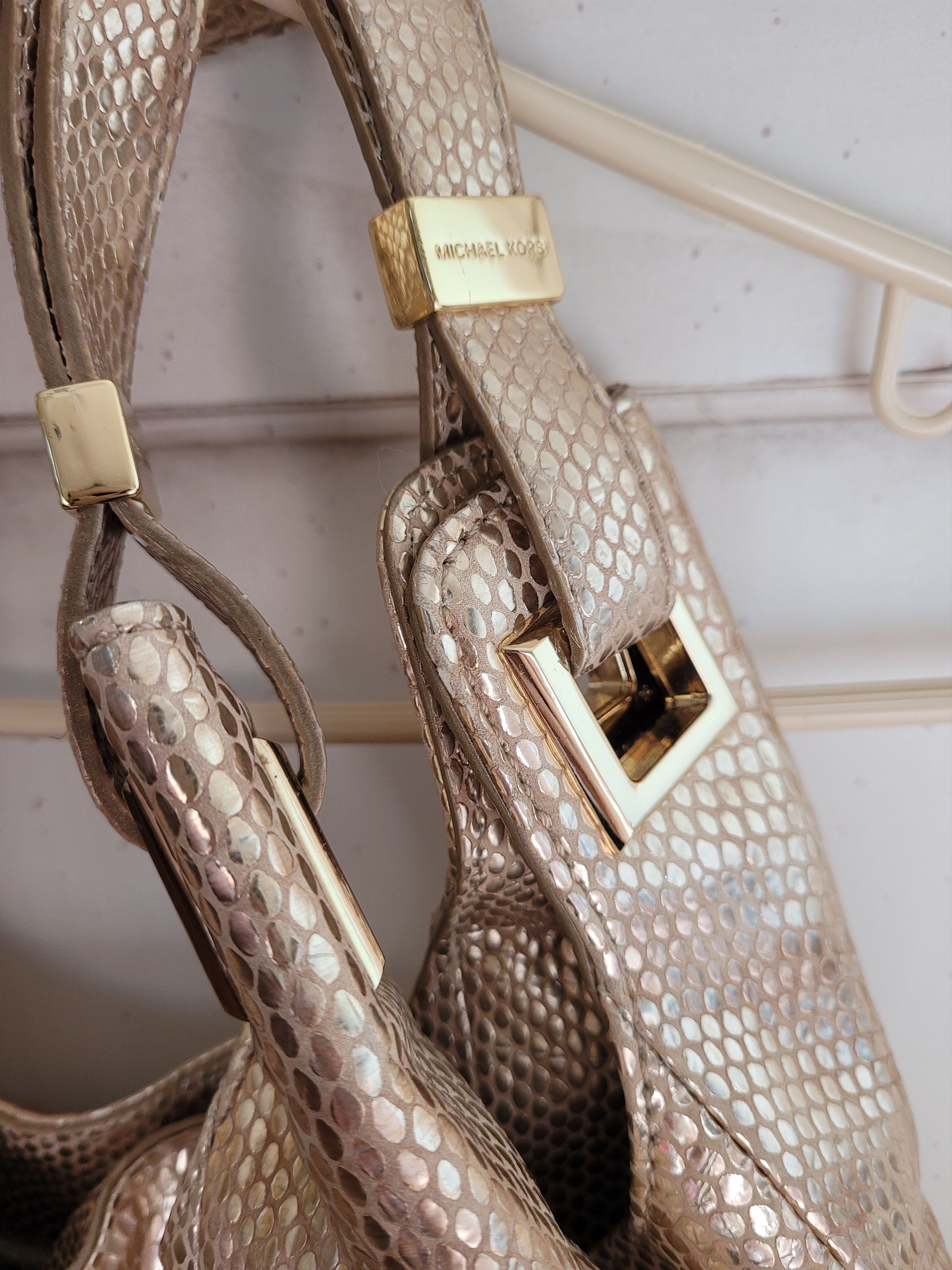 Michael Kors Carey Gold Leather Snake-Embossed Shoulder Tote Metallic Size ONE SIZE - 9 Thumbnail