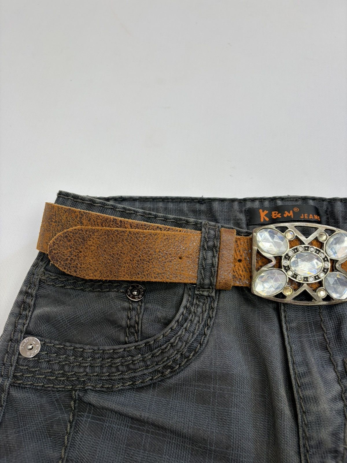 Hysteric Glamour Vintage Distressed Leather Crystal Belt Y2K Rockstar Grunge Size 32 - 2 Thumbnail
