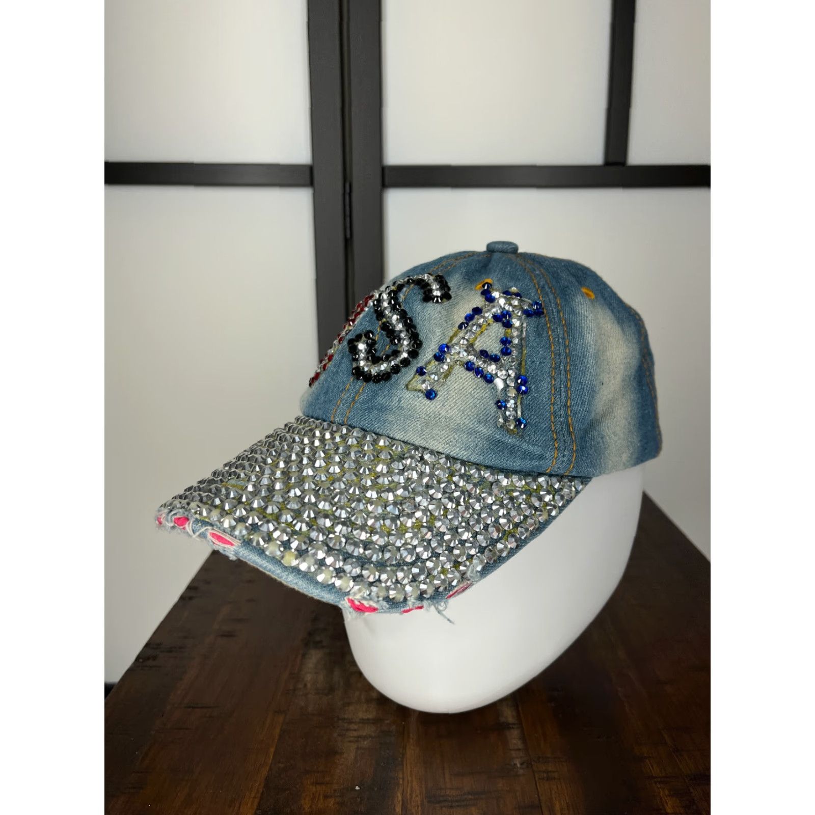 Vintage USA Hat Cap Strap Back Womens One Size Blue Bling Jeweled 100% Cotton Distressed Baseball Cap Size ONE SIZE - 4 Thumbnail