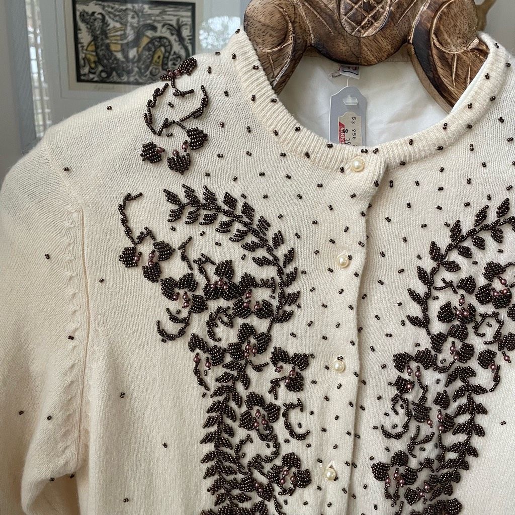 Vintage New NOS NWT Vintage 50s Beaded Pearl Button Cardigan Ivory B Size S / US 4 / IT 40 - 2 Thumbnail