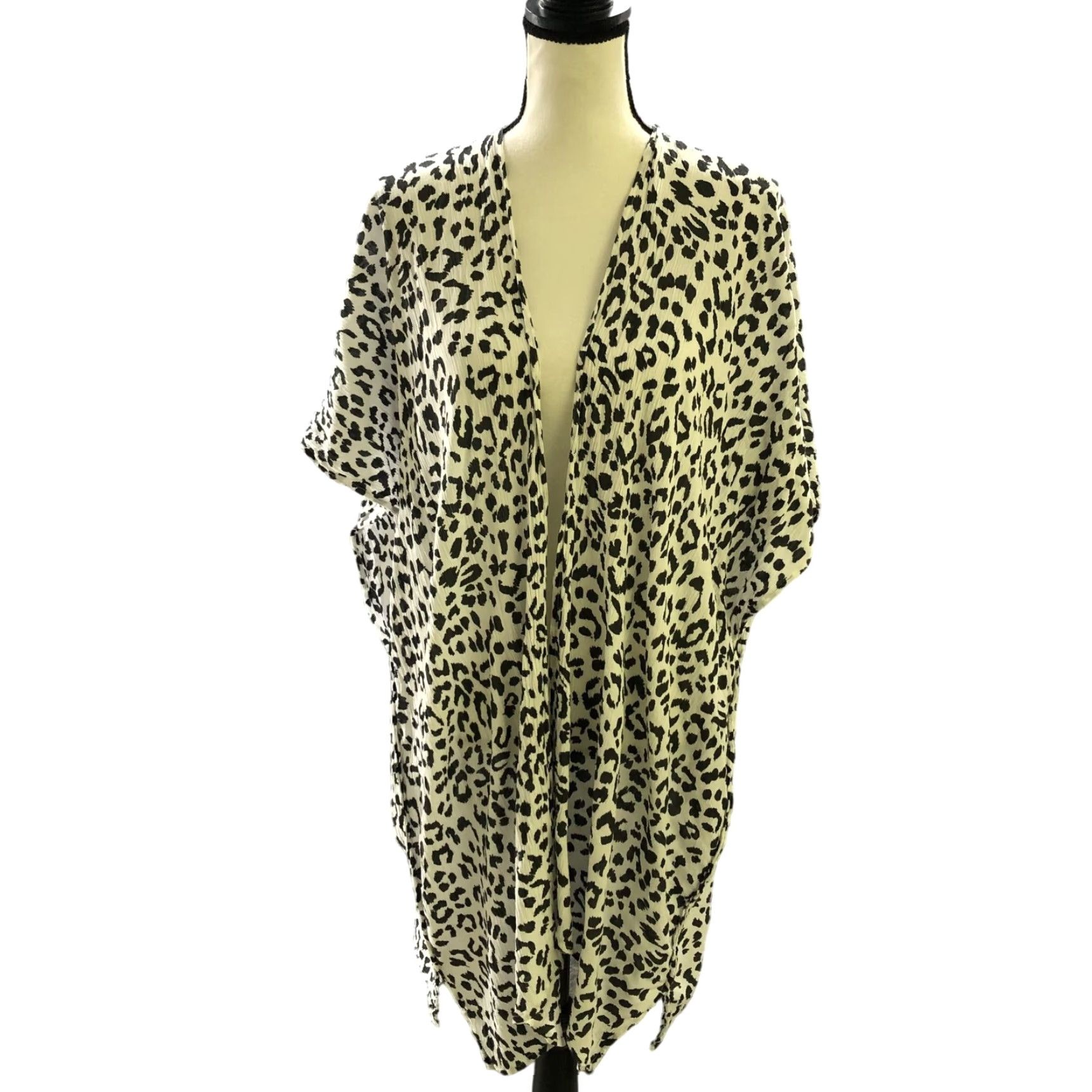Vintage Aerie Cardigan Womens One Size OS Leopard Print White Black Boho Beachy Kimono Sleeve Open Viscose Casual Size ONE SIZE - 2 Thumbnail