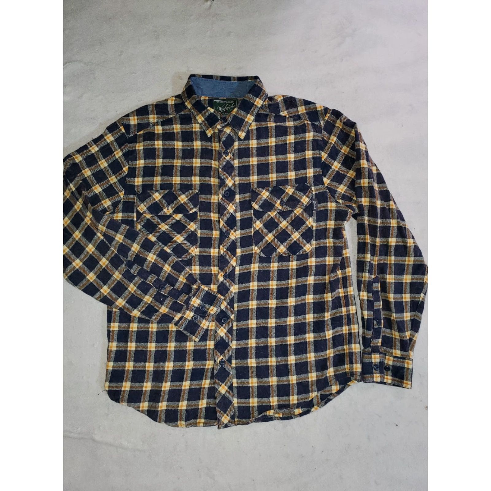Vintage VINTAGE Woolrich Plaid FLANNEL Shirt Yellow/Navy Blue Check Long Sleeve Mens M Size US M / EU 48-50 / 2 - 2 Thumbnail