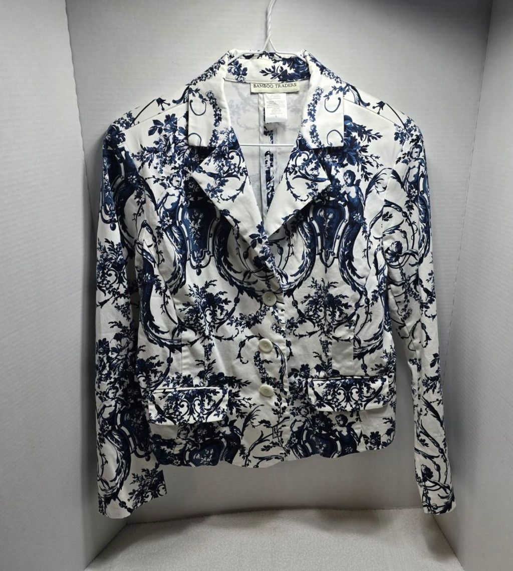 The Unbranded Brand Women's Bamboo Traders White Blue Floral Blazer L Size L / US 10 / IT 46 - 1 Thumbnail