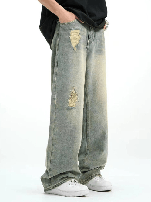 Japanese Brand × Jean Men's washed vintage casual loose straight-leg ripped jeans Size US 32 / EU 48 - 3 Thumbnail