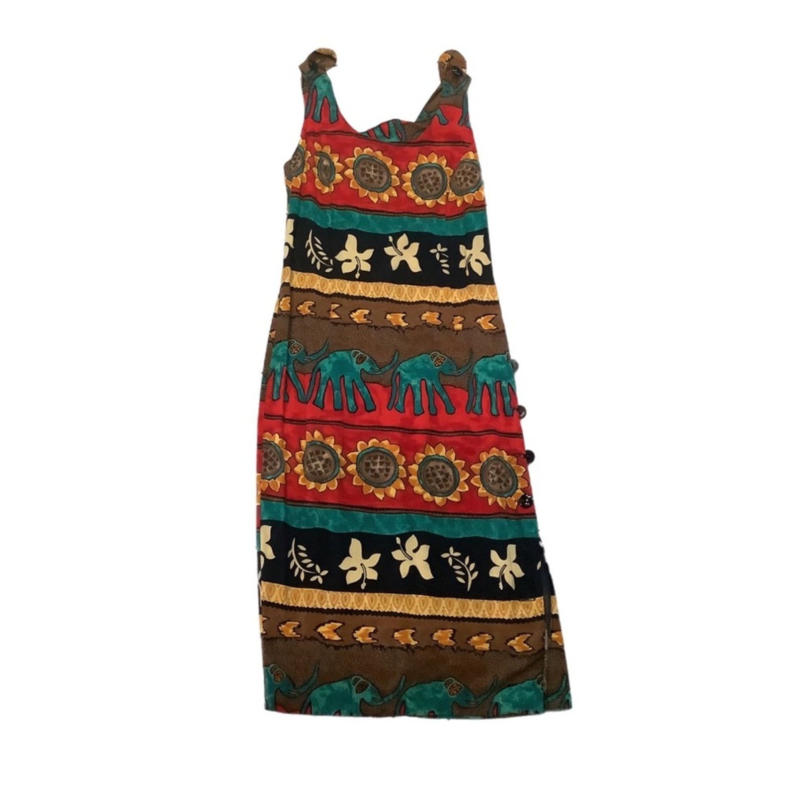 Vintage WNY Sunflower & Elephants Side-open Dress Size L / US 10 / IT 46 - 2 Thumbnail