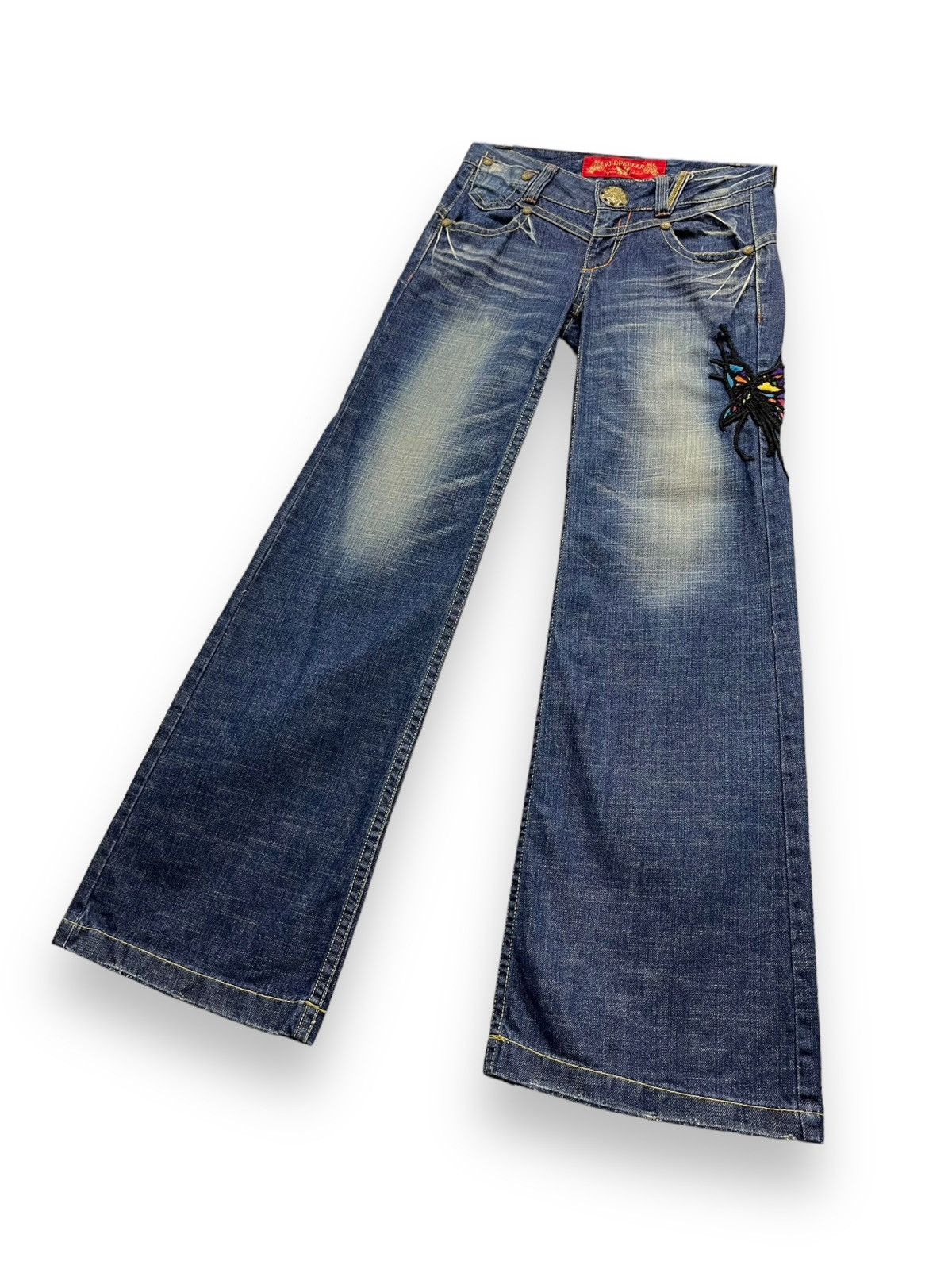 Arts & Science FYE TATTOO🔥RED PEPPER Butterfly Embroidery Wide Flare Denim Size 29" - 7 Thumbnail
