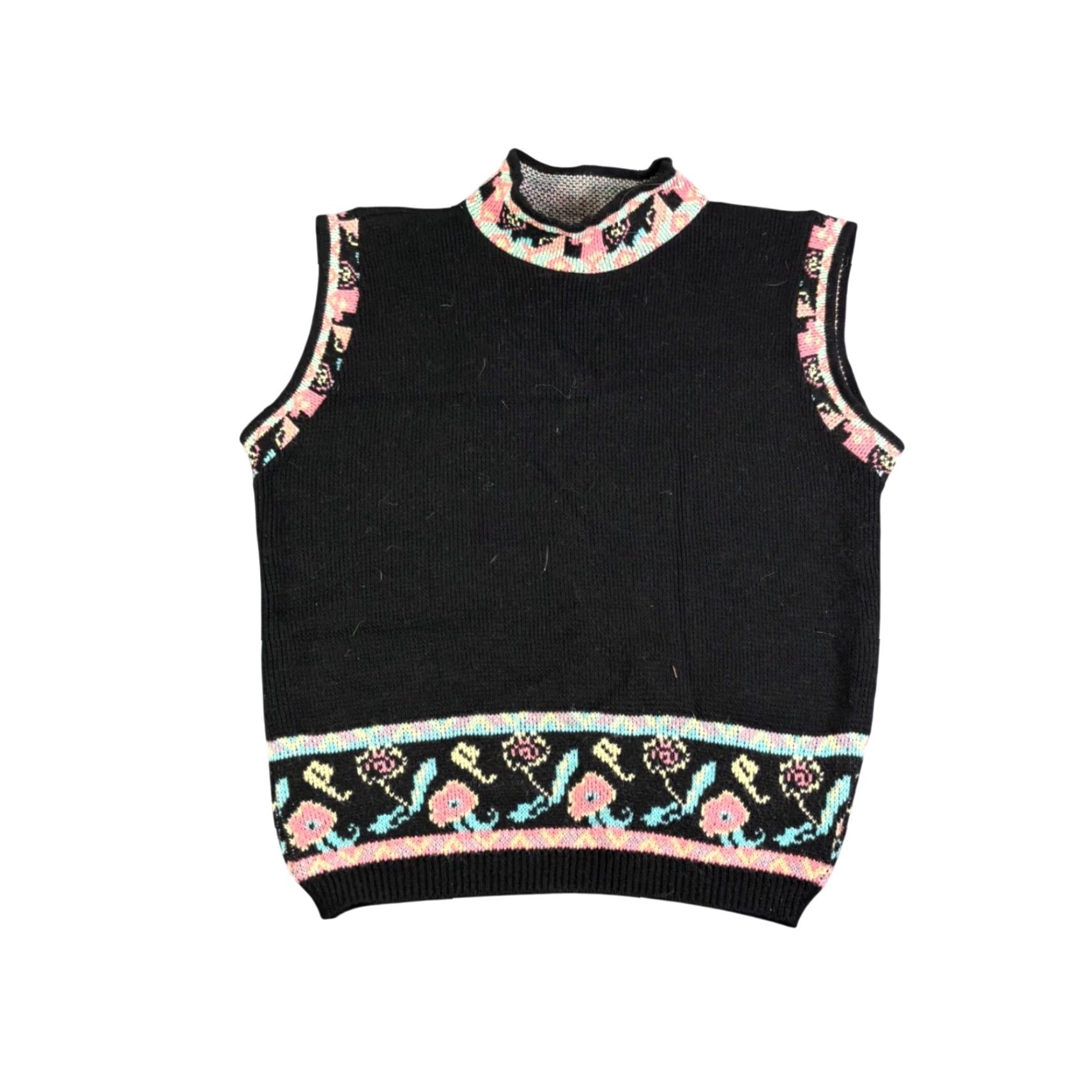 Vintage VINTAGE Fortune Knits Floral Sweater Vest Black Pastel Mock Neck Made in USA L Size L / US 10 / IT 46 - 2 Thumbnail