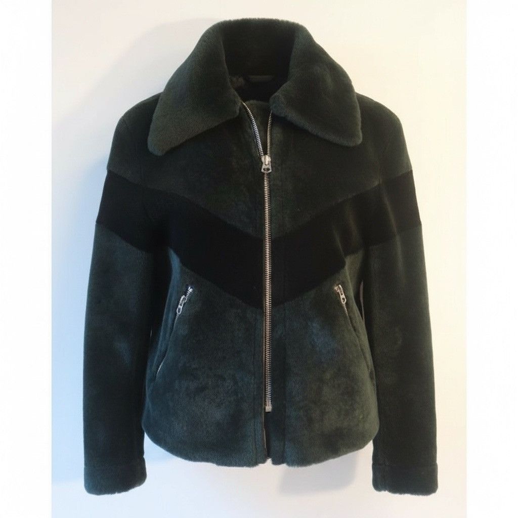 Sandro Sandro Shearling & Leather Zip Jacket Black & Green Chevron Size M / US 6-8 / IT 42-44 - 2 Thumbnail