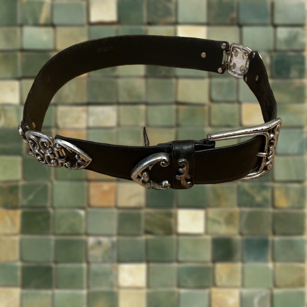 Brighton VINTAGE Brighton Belt Concho Black Leather Silver Link Scroll Work 90s USA made Women S Small Metal 90s Accessories Size ONE SIZE - 1 Thumbnail