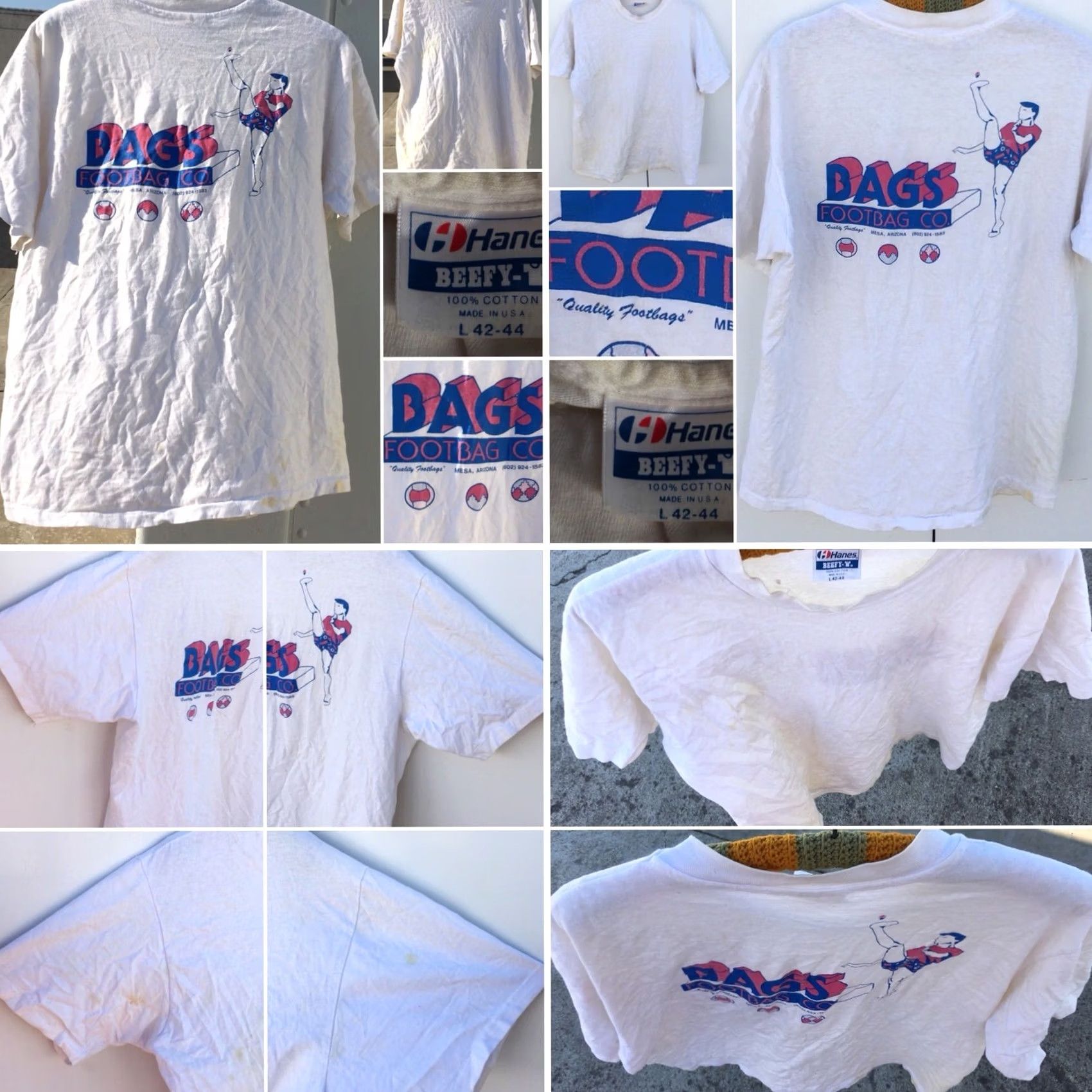 Hanes VINTAGE Hanes FOOTBAG CO Quality Footbags T-Shirt L USA 80s 90s Mens White Graphic Tee Short Sleeve 100% Cotton Size US L / EU 52-54 / 3 - 3 Thumbnail