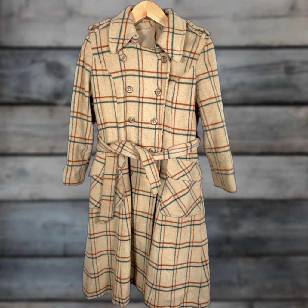 Doublet Vintage Yes Bickler Wool Belted Trench Coat Women's Small Beige Check Pattern Double Breasted Size S / US 4 / IT 40 - 1 Thumbnail