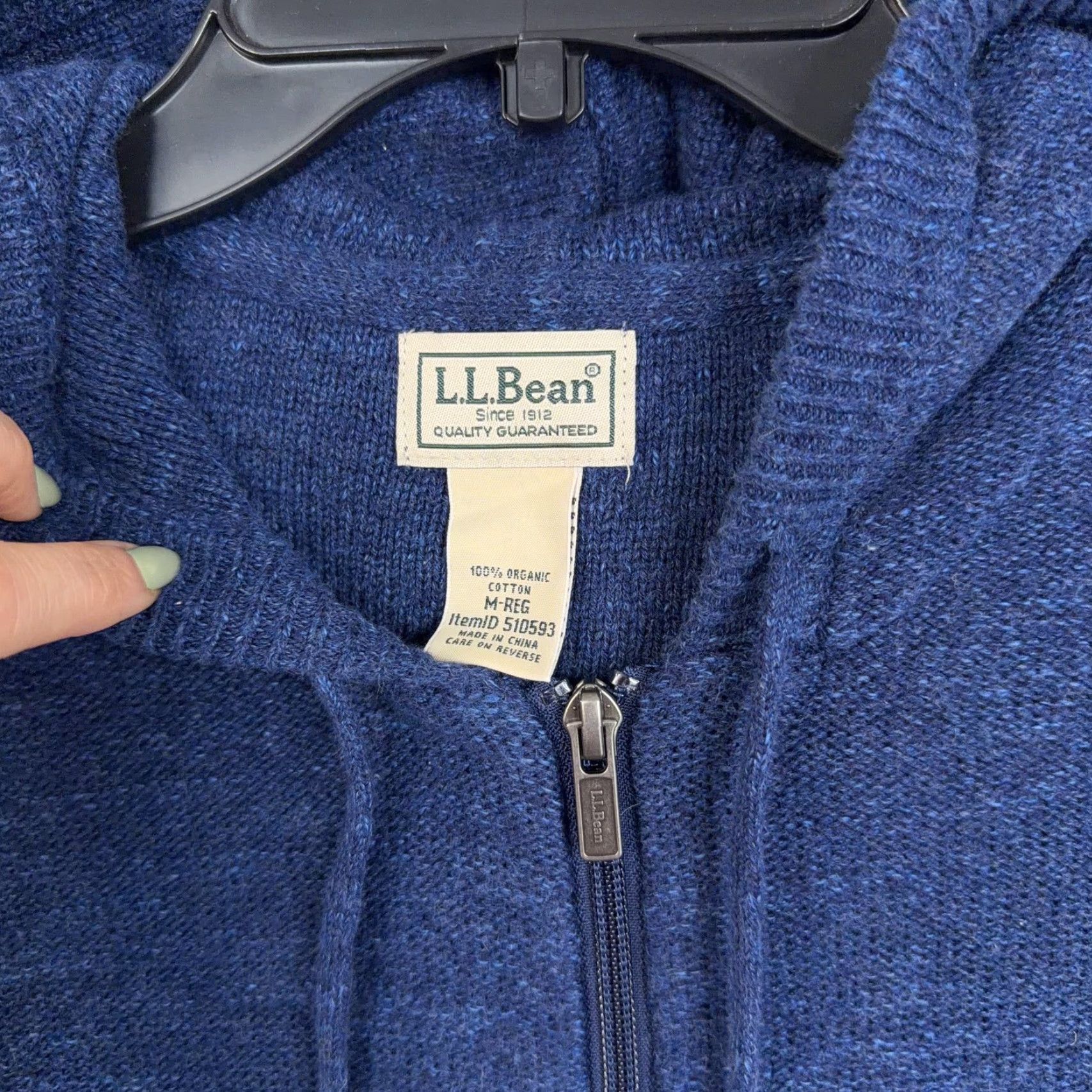 Vintage L.L.Bean Sweater Mens Medium Blue Organic Cotton Full Zip Hooded Cardigan Knit Size US M / EU 48-50 / 2 - 4 Thumbnail