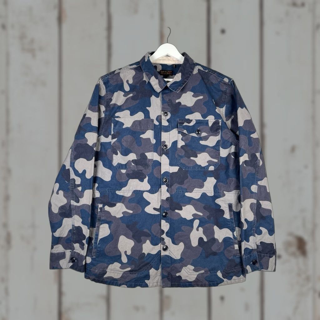 BARBOUR Beacon Jacket Mens XL Blue Camouflage Overshirt Military Field Shacket Utility Shirt