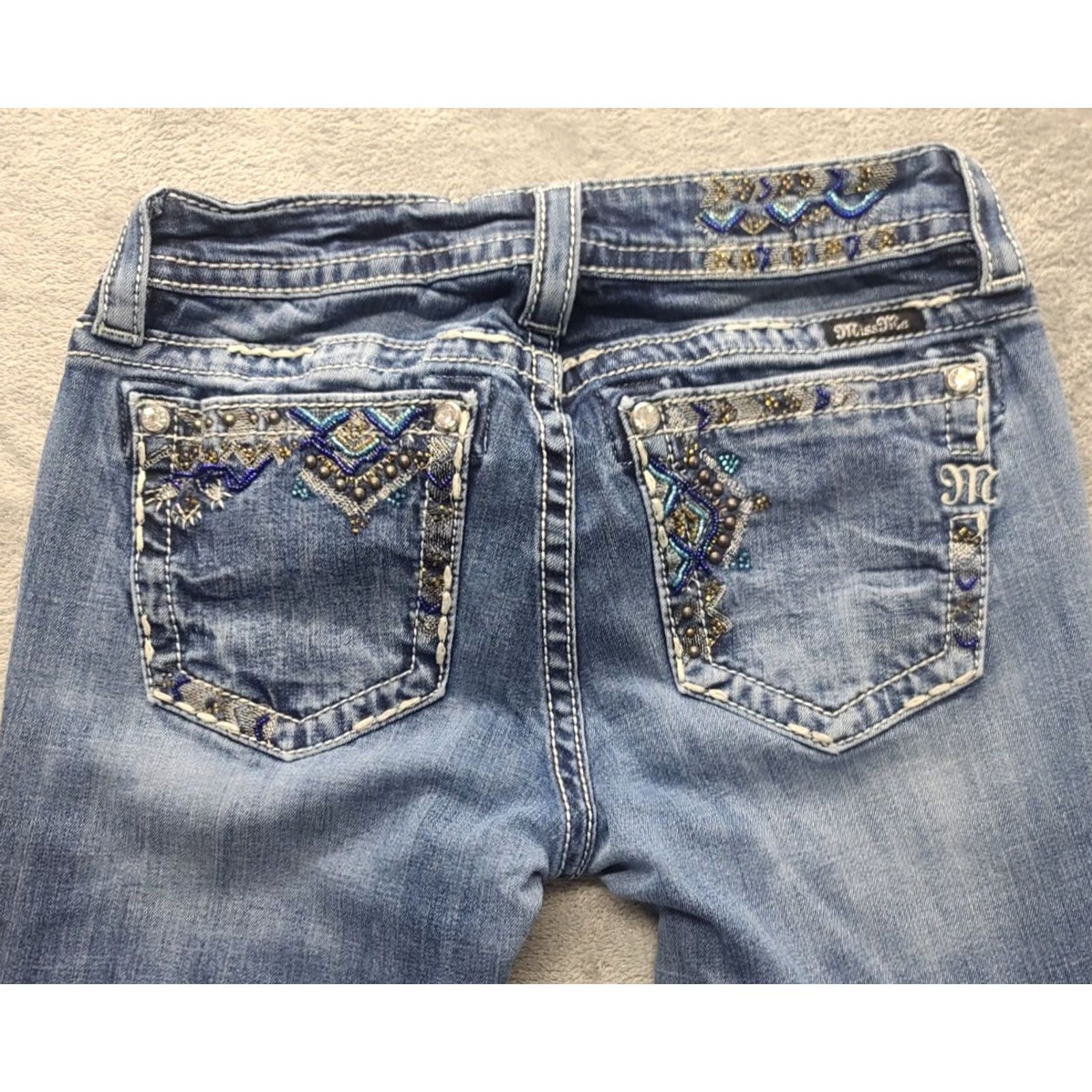 Miss Me Miss Me Jeans Womens 28x32 Regular Fit Boot Cut Mid Rise Aztec Distressed Denim Size 28" / US 6 / IT 42 - 2 Thumbnail