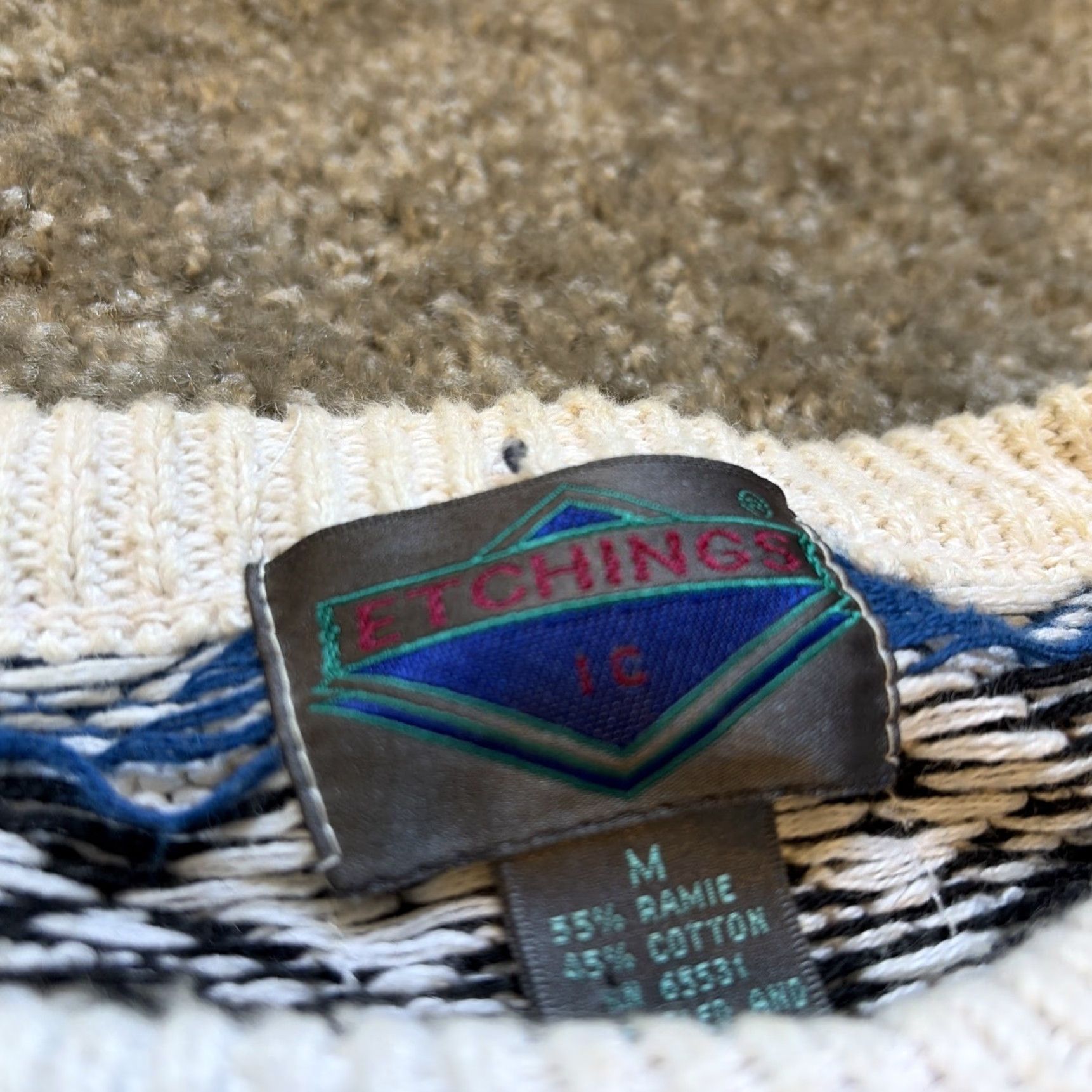 VINTAGE 90s Etchings Coogi Style 3D Cable Knit Multicolor Ramie Cotton Sweater M Men Crew Neck Pullover 90s