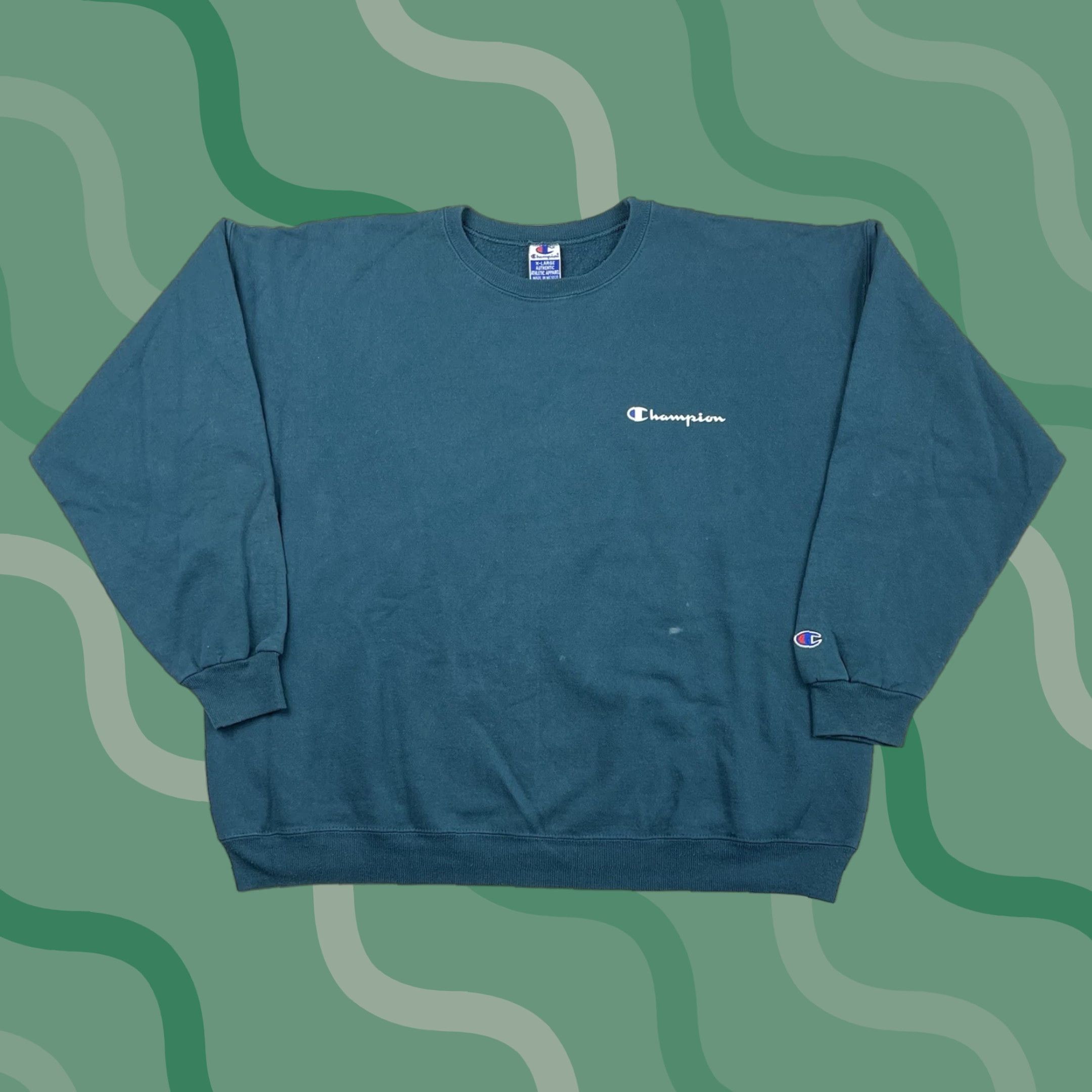 Champion VINTAGE Champion XL 90s Crewneck Sweatshirt Pullover Spell Out Logo Teal Mens Size US XL / EU 56 / 4 - 1 Thumbnail