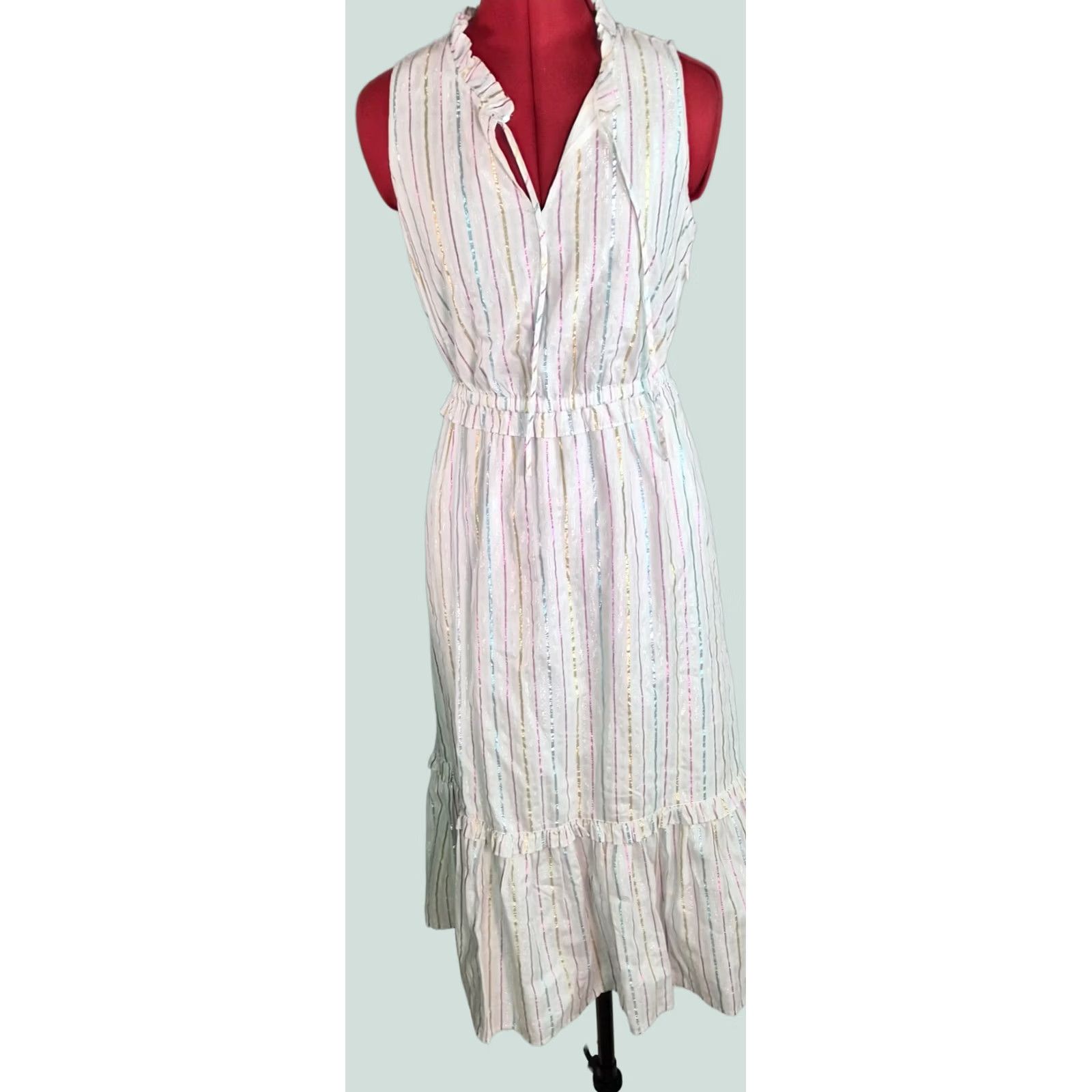 J.Crew J.CREW Womrns Dress Midi White Metallic Striped Size 2 Tie-front Sundress Casual Classic Preppy Summer Spring Size XS / US 0-2 / IT 36-38 - 1 Thumbnail