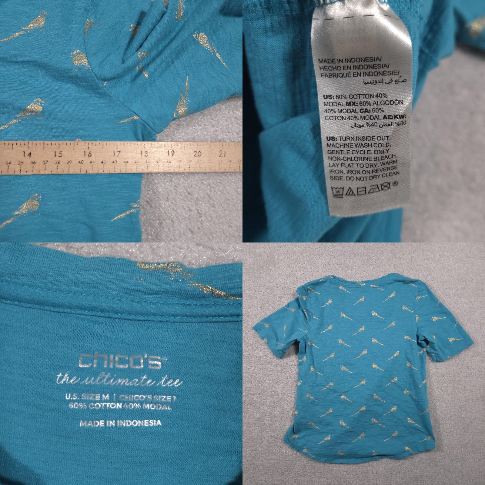 Vintage Chicos Shirt Womens Medium Blue Gold Bird Print V Neck Ultimate Tee Short Sleeve Size M / US 6-8 / IT 42-44 - 8 Thumbnail