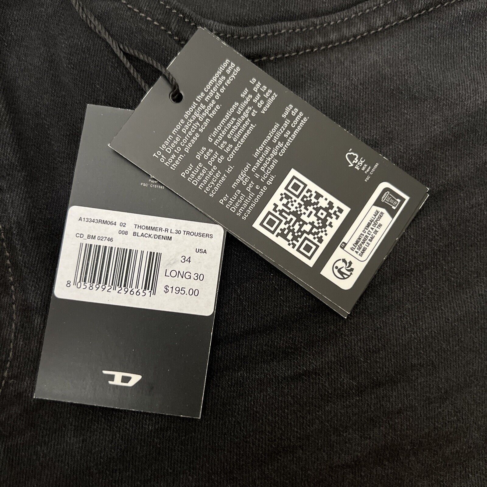 Diesel Diesel Mens Thommer Slim Fit Jeans RM064 Black Size 34/30 Size US 34 / EU 50 - 7 Thumbnail