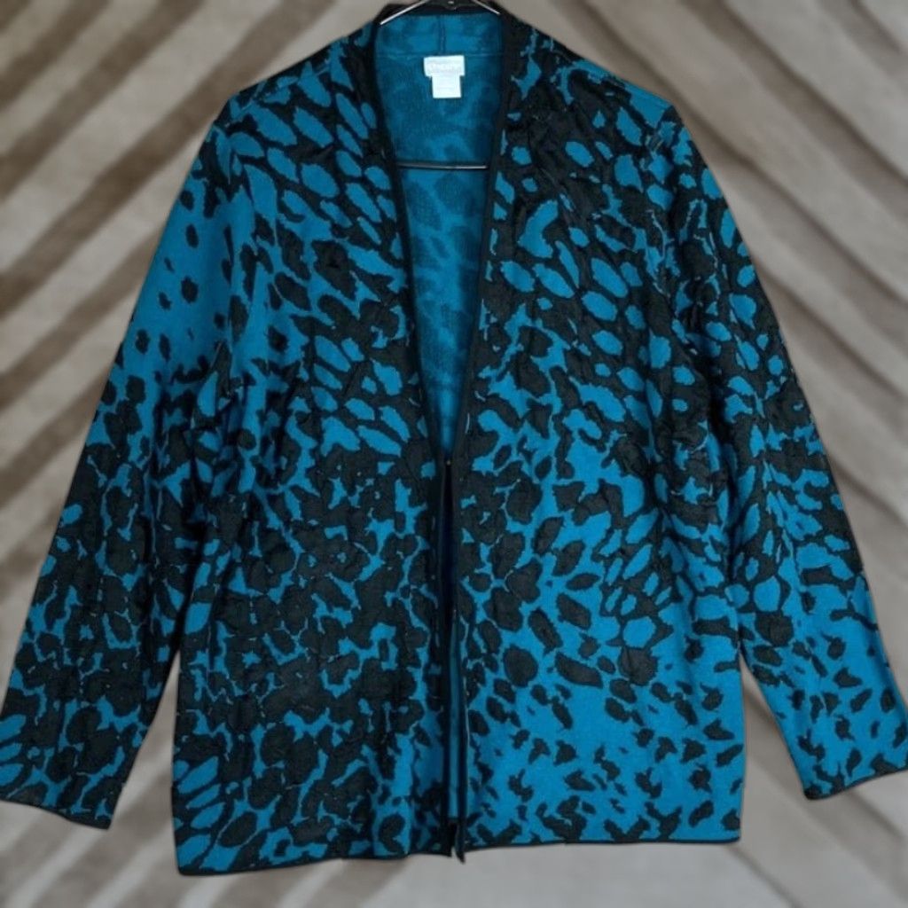 Vintage Chicos Womens Cardigan Sweater Teal Black Knit Open Front Long Sleeve Stretch M Casual Womens Boys Girls? Size M / US 6-8 / IT 42-44 - 1 Thumbnail