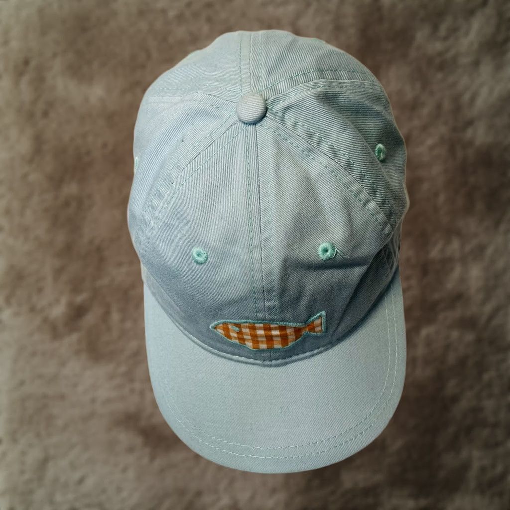Vintage Kate Landry Hat Baseball Cap Blue Embroidered Orange Fish Adjustable Strap Women One Size Beach Nautical 80s 90s Boating Plaid Pattern Size ONE SIZE - 1 Thumbnail