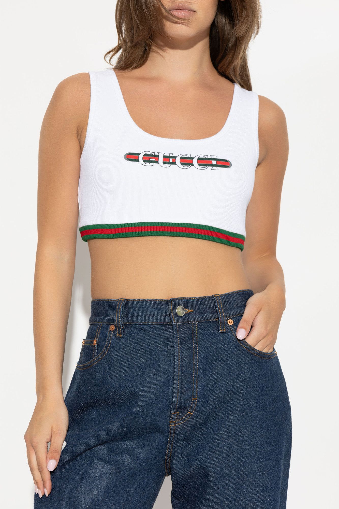 Gucci o1la5ras0526 Cotton Rib Crop Top With Web in White Size XL / US 12-14 / IT 48-50 - 3 Thumbnail