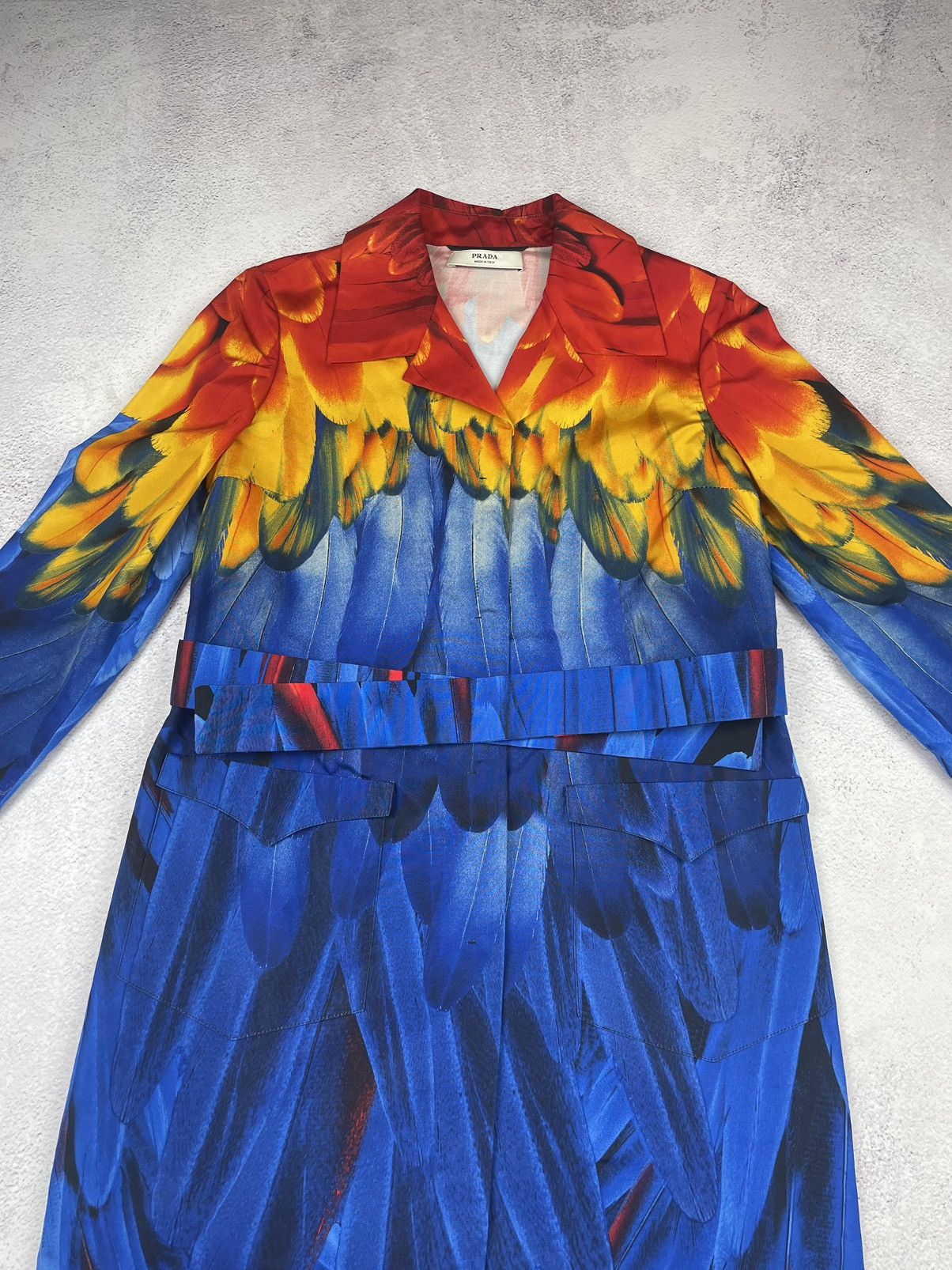 Prada PRADA 100% Silk Multicolor Feather Pattern Coat With Belt Size M / US 6-8 / IT 42-44 - 11 Thumbnail