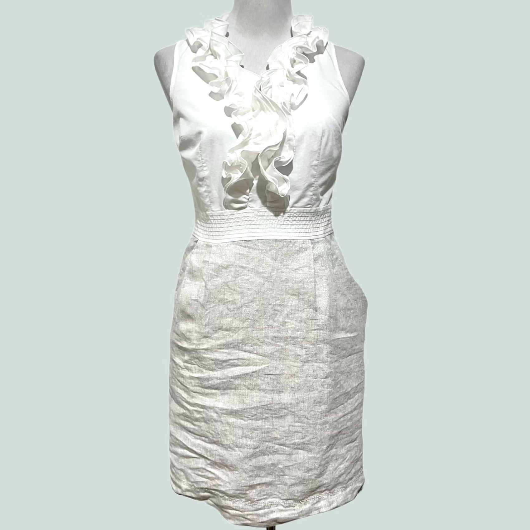 Loft LOFT Petites Pencil Dress White Cream w/ Metallic Ruffle V-Neck Pockets Sz 4P Dress Women Pencil Dress Size S / US 4 / IT 40 - 1 Thumbnail