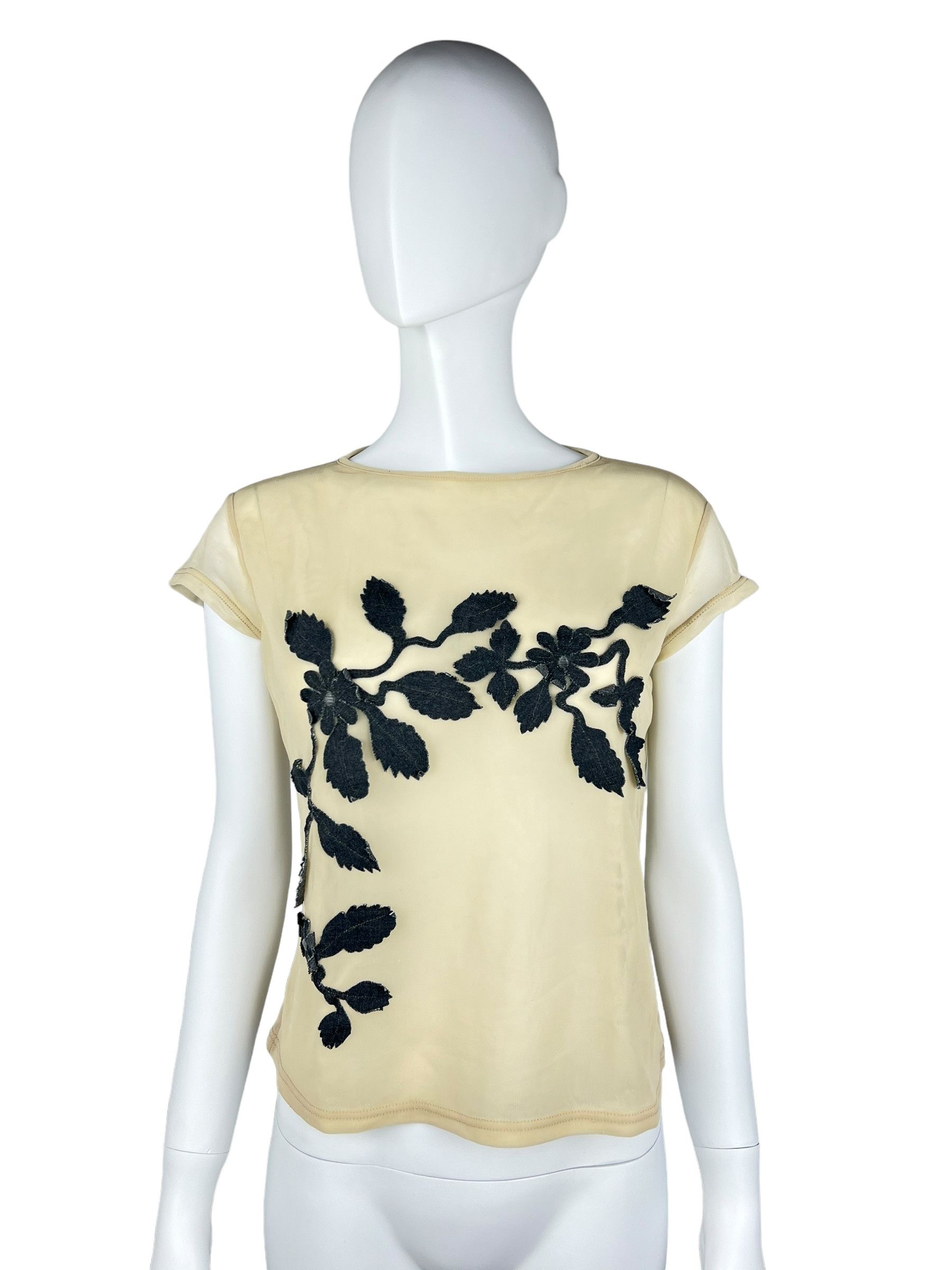 Fendi Beige Mesh Top with Embroidered Black Flower