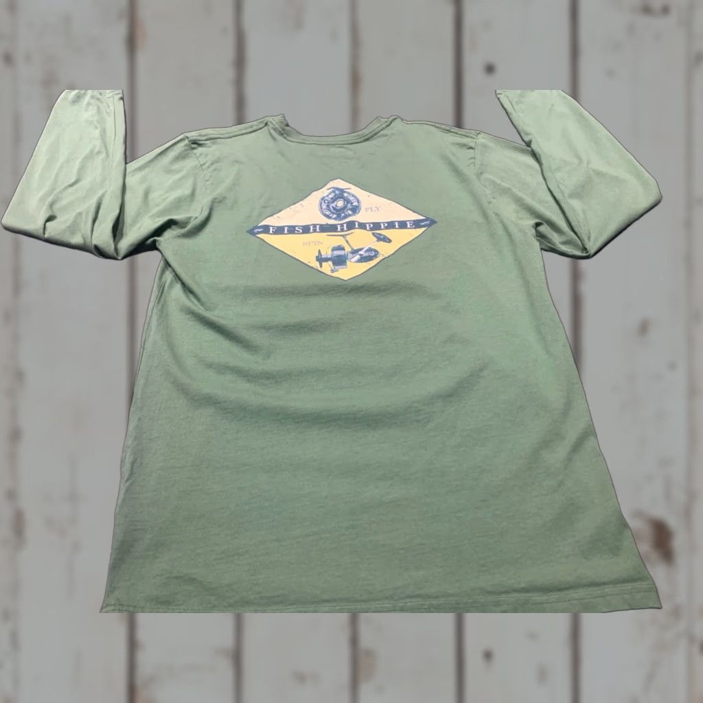 Vintage Fish Hippie Long Sleeve T-shirt Fly Spin Fishing Medium M Green Size US M / EU 48-50 / 2 - 1 Thumbnail