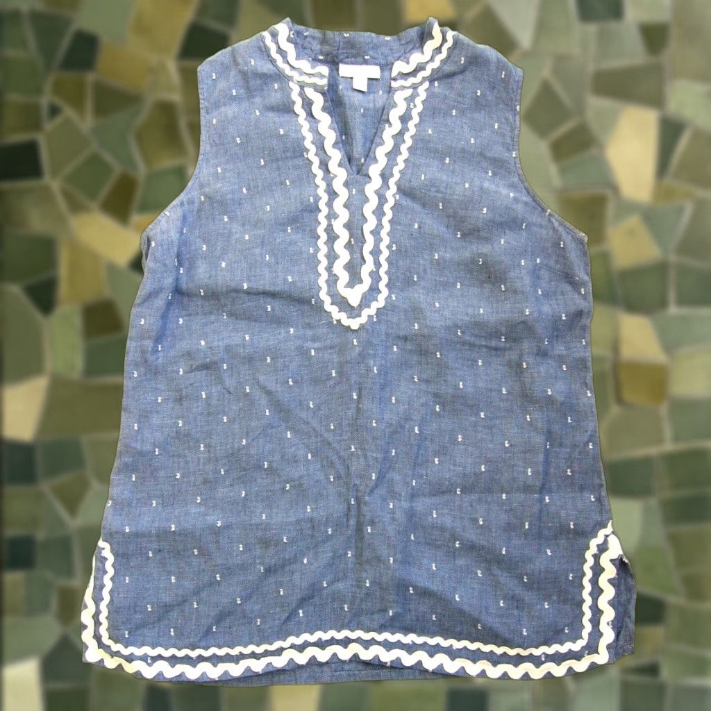 Charter Club Charter Club Blouse Sleeveless Tunic 100% Linen Blue White Embroidered Large Womens Size L / US 10 / IT 46 - 1 Thumbnail