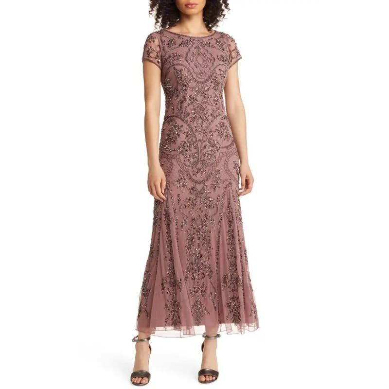 image of Pisarro Nights Beaded Midi Mauve Formal Cocktail Dress 4 NWT in Pink, Women's (Size Small)