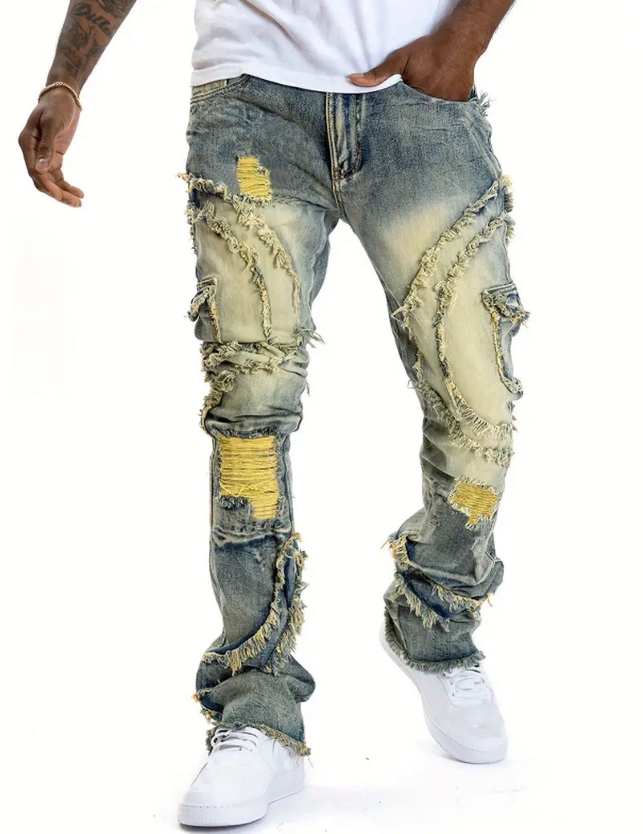 Other × Vintage Men flare leg stretch jeans cotton blend distressed denim Size US 44 / EU 60 - 1 Thumbnail