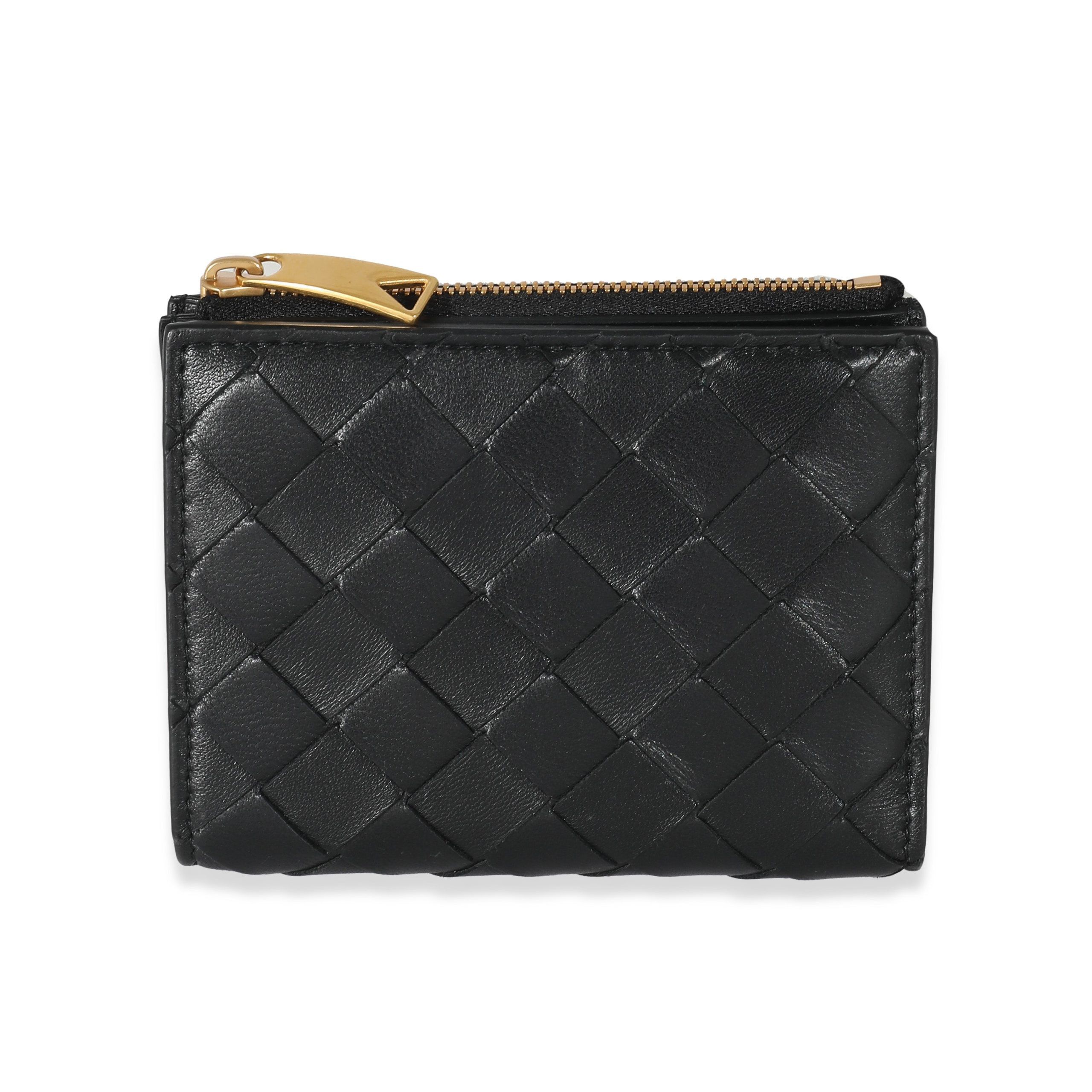 image of Bottega Veneta Black Intrecciato Lambskin Tri-Fold Zip Wallet, Women's