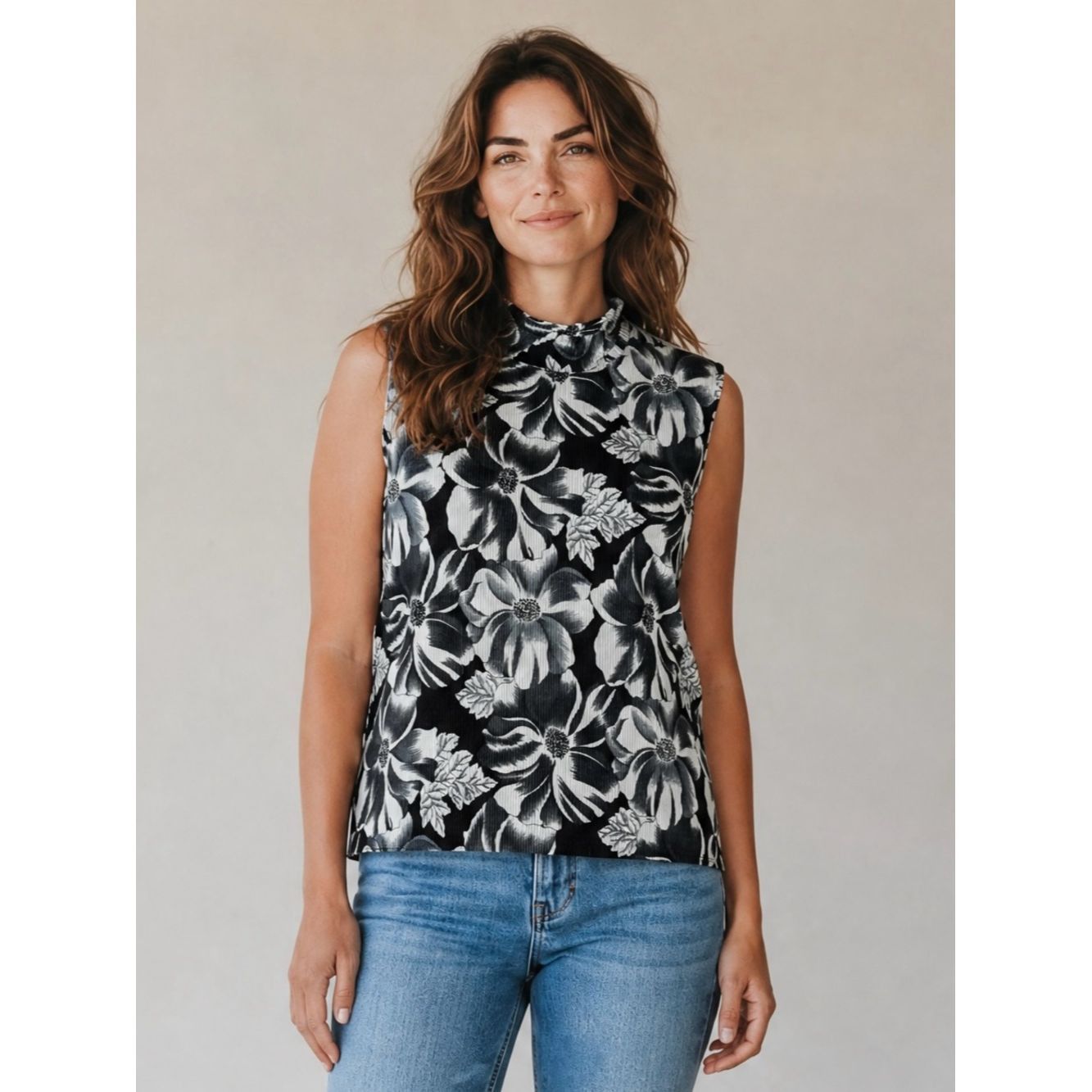 Other Vintage Claudia Richard Pleated Floral Mock Neck Sleeveless Size L / US 10 / IT 46 - 1 Thumbnail
