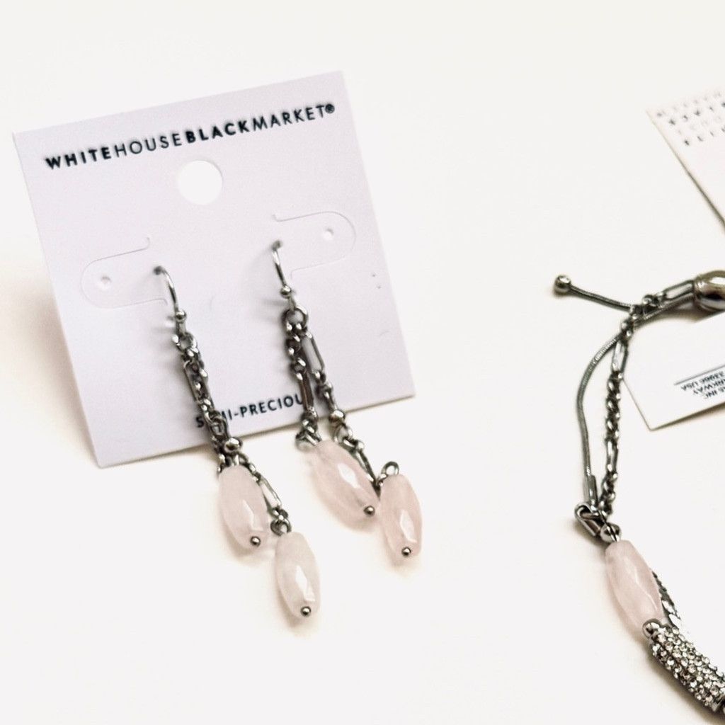 White House Black Market WHBM Silver Rose Quartz & Crystal Dangle Earrings NWT Size ONE SIZE - 3 Thumbnail