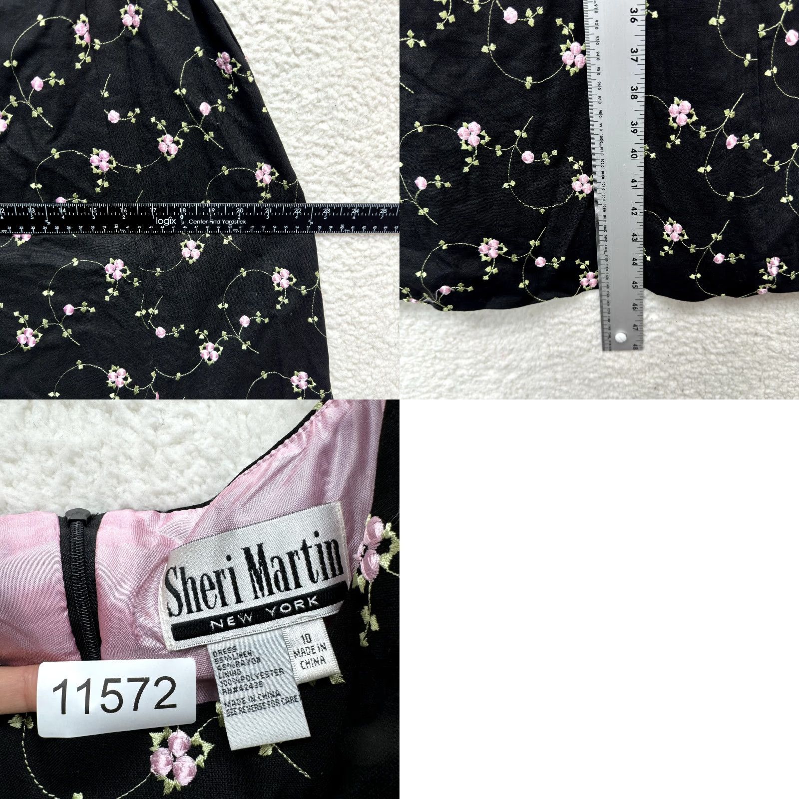 Vintage VINTAGE 90s Y2K A-Line Midi Dress Black Pink Floral Linen Blend Empire Large 10 Girls? Size L / US 10 / IT 46 - 8 Thumbnail