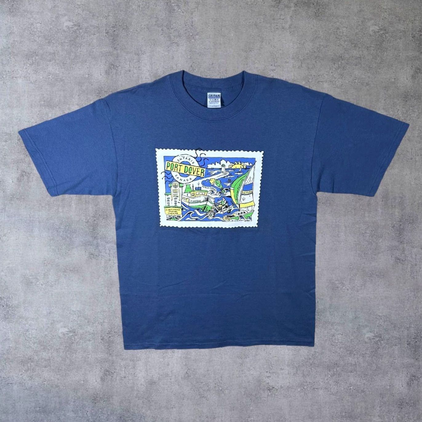 Gildan VINTAGE Port Dover Stamp Canada Souvenir Graphic Blue Cotton T-Shirt Large Size US L / EU 52-54 / 3 - 2 Thumbnail