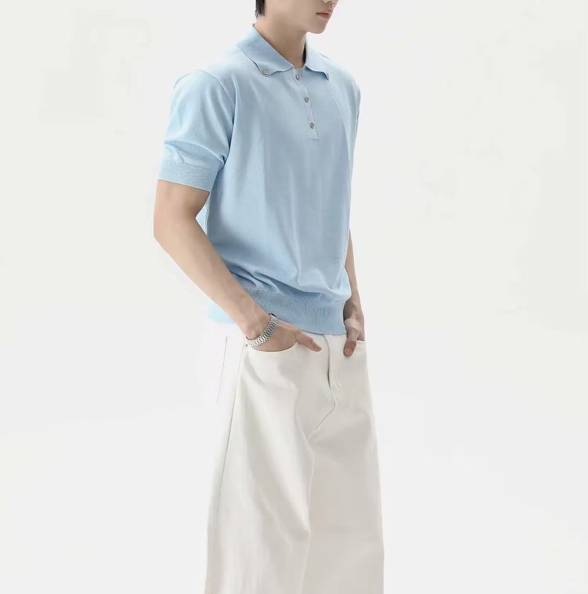 Japanese Brand Casual Basic Knitted Blue Polo T Shirt Size US XL / EU 56 / 4 - 2 Thumbnail