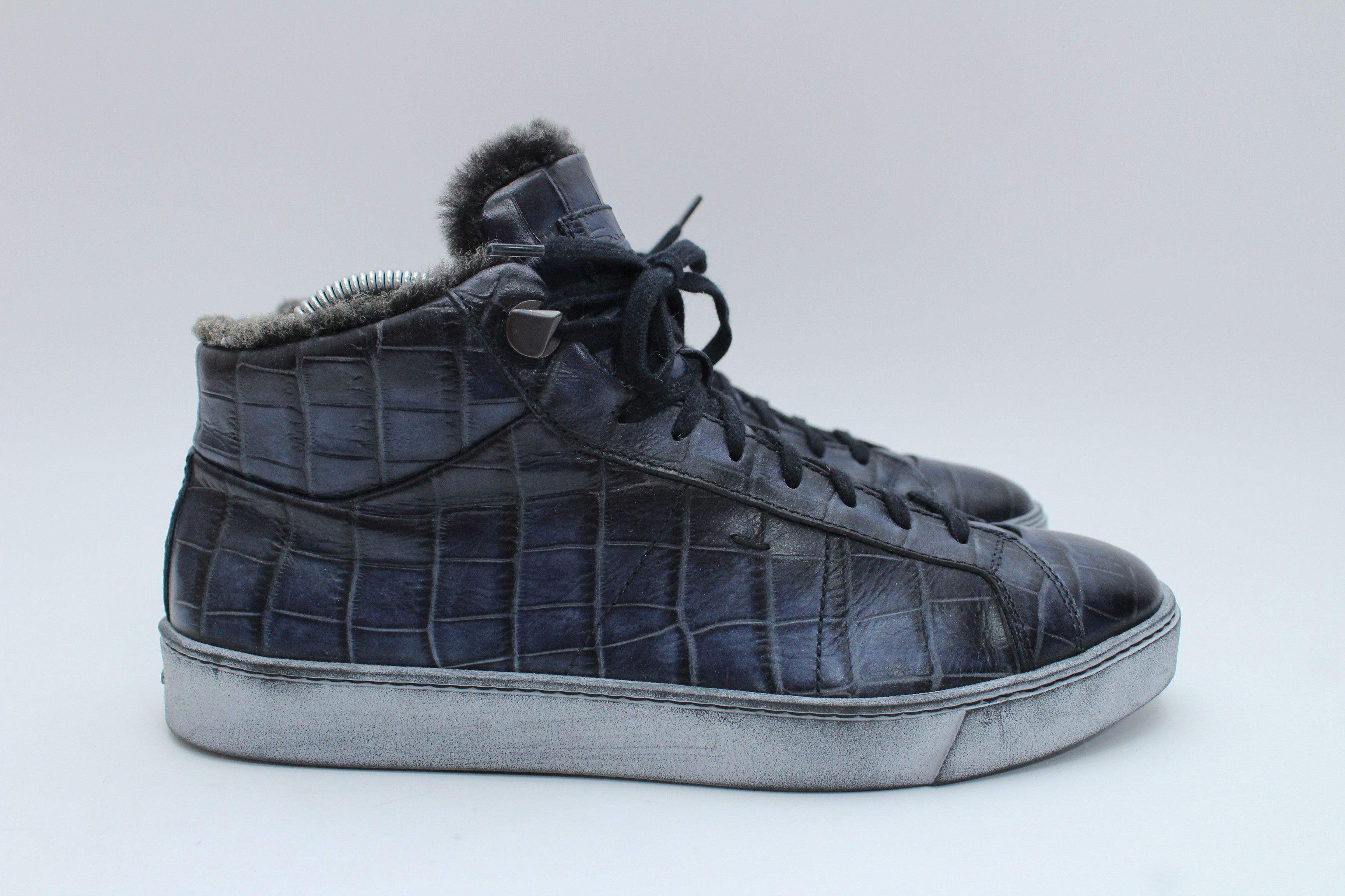 Santoni Santoni Navy Crocodile Embossed Leather Fur Lined Sneakers Size US 8 / EU 41 - 5 Thumbnail