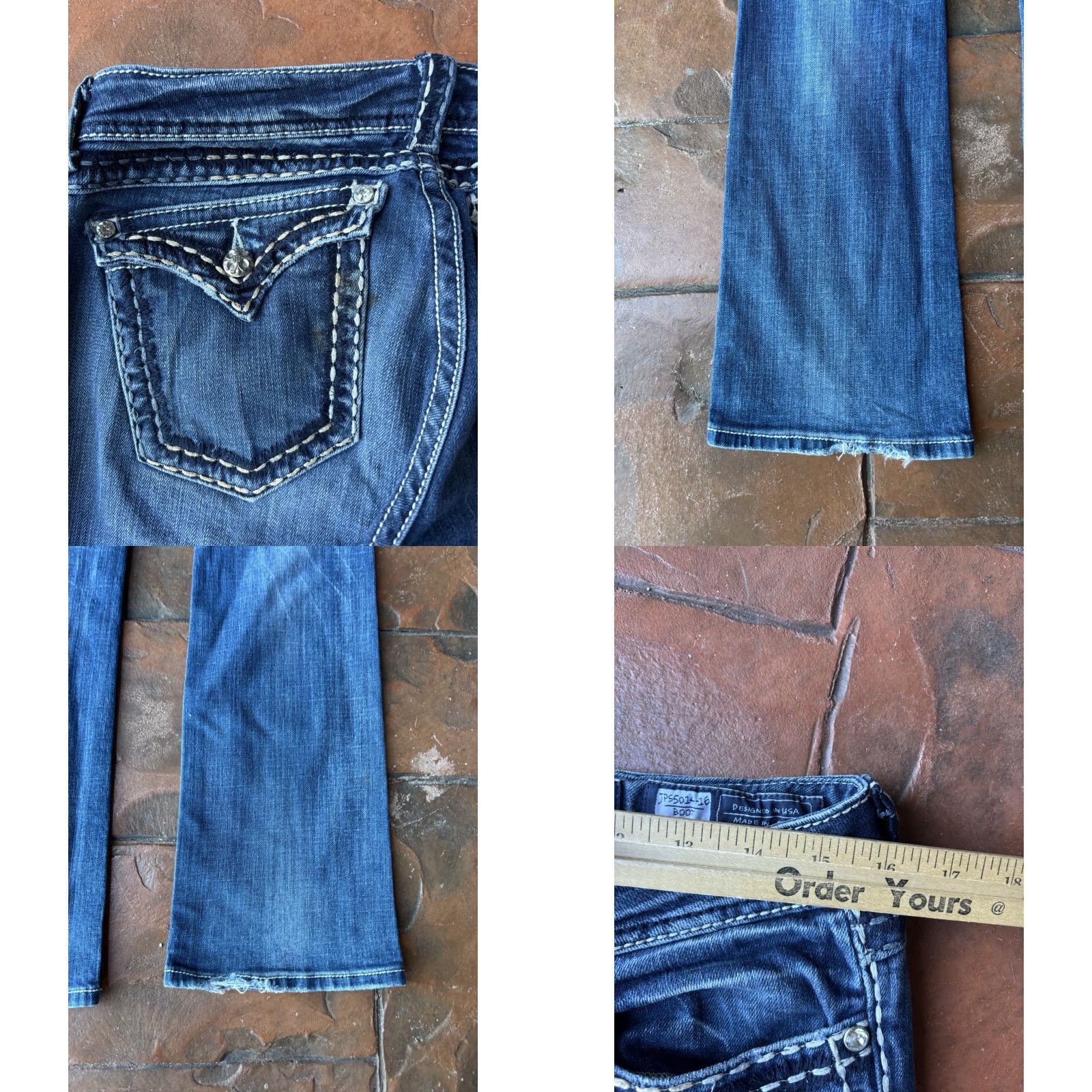 Miss Me VINTAGE Miss Me Boot Cut Jeans Stitch Flap Pockets 31 Blue Rhinestone Women's Jeans 31 Inseam 33 Rock Cowboy Pockets Size 24" / US 00 / IT 34 - 8 Thumbnail
