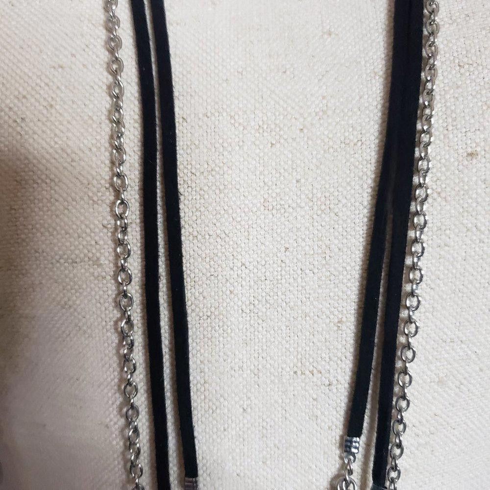 Designer Leather & Chain Multi Strand Leaf Tassel Long Necklace 36" Size ONE SIZE - 4 Thumbnail