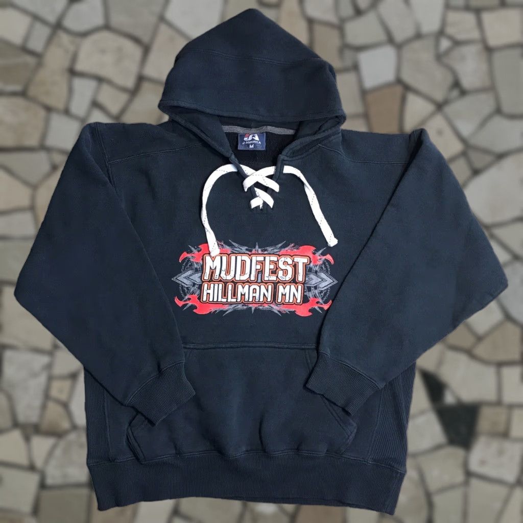 Vintage J America Hoodie Mens Medium Black Sweatshirt Pullover Logo Graphic Print Cars Outdoor Classic Theme Fall Winter Size US M / EU 48-50 / 2 - 1 Thumbnail
