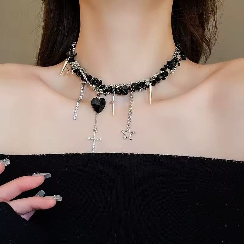 Other Goth Emo Punk Heart Cross Charms Black Stone Choker Necklace Size ONE SIZE - 1 Thumbnail