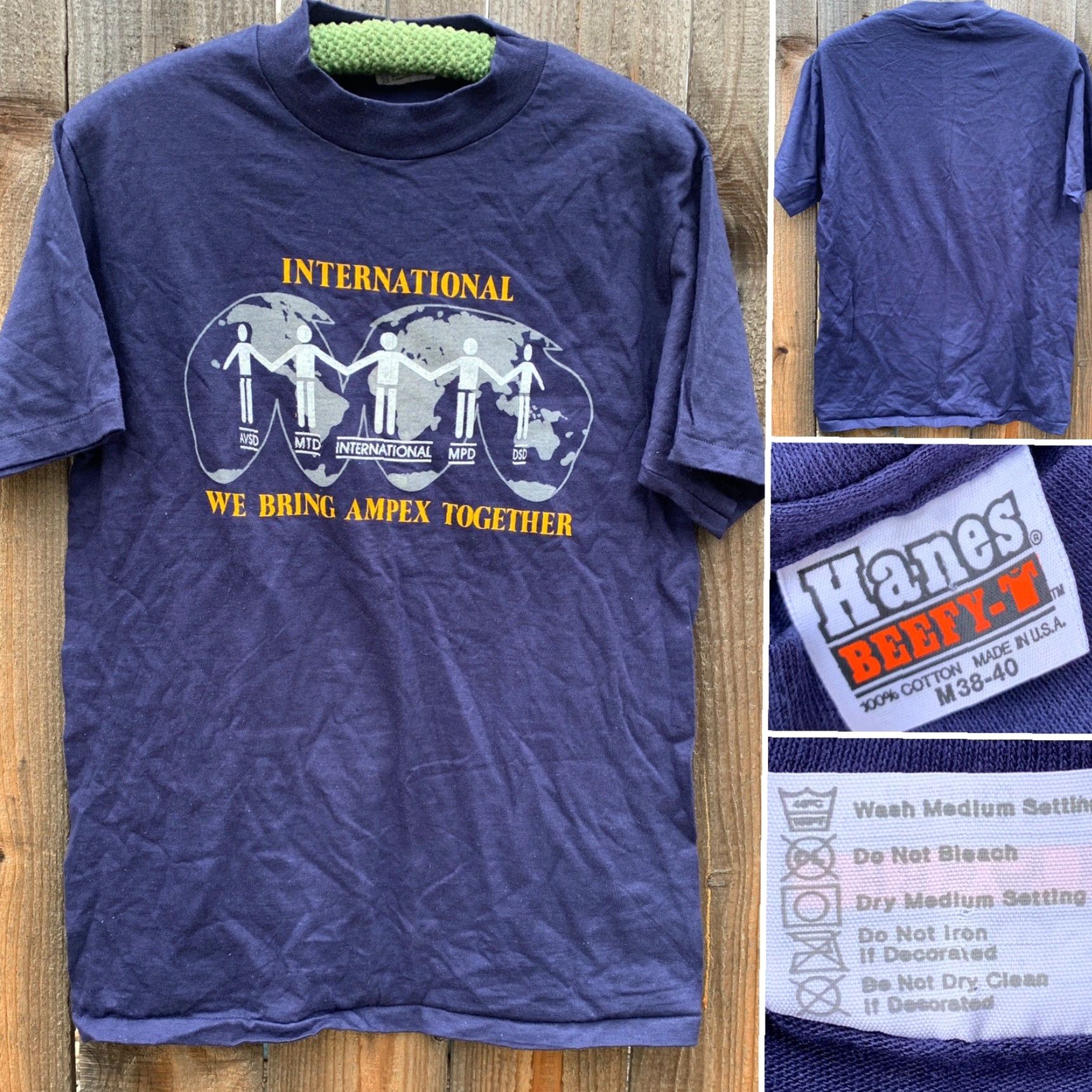 Hanes VINTAGE Hanes Maverick INTERNATIONAL MPD DSD We Bring AMPEX Together Tee Shirt M Blue Mens 1980s Graphic Tee Size ONE SIZE - 5 Thumbnail