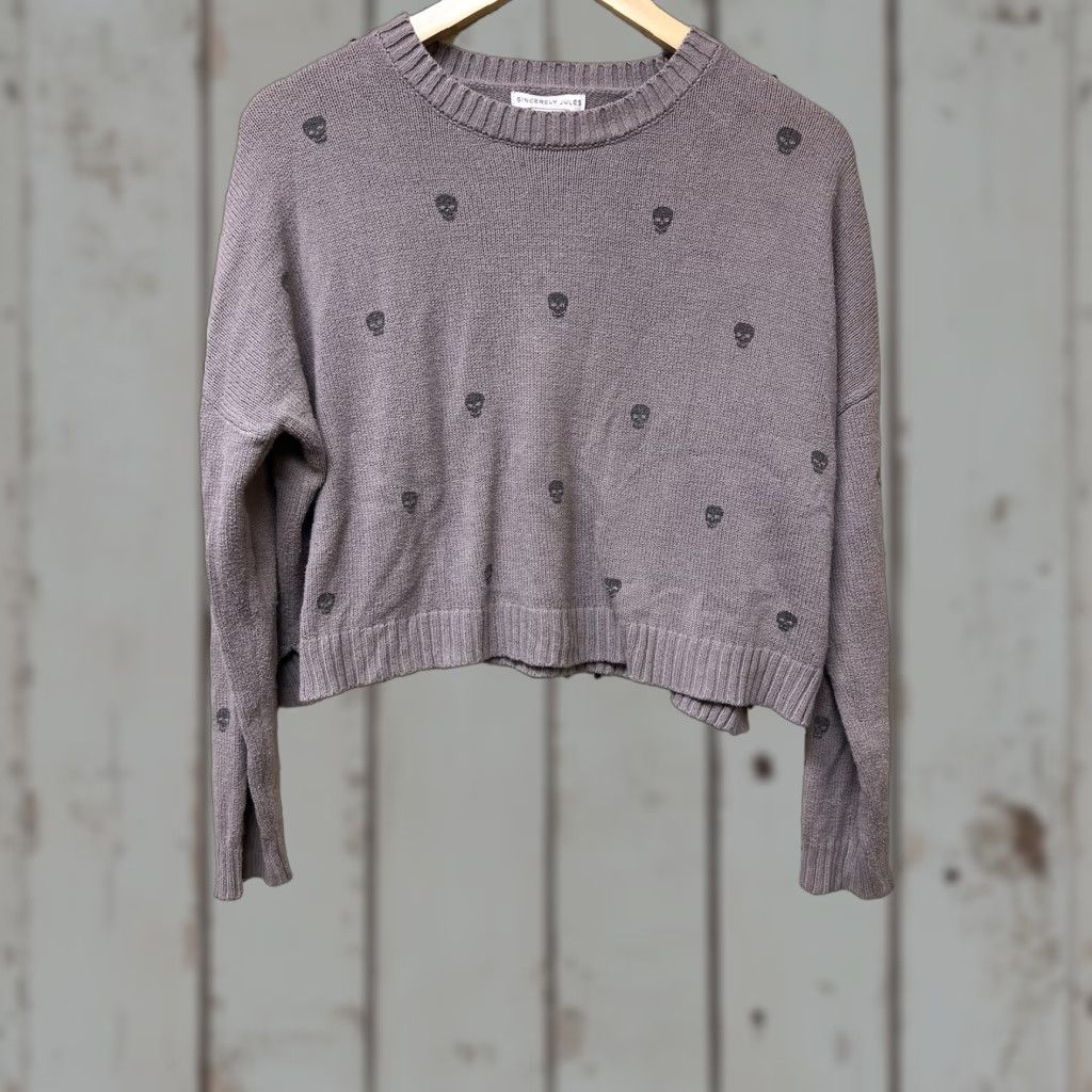 Vintage Sincerely Jules SweatEr Crewneck Pullover Crop Skull Knit Cotton Blend Women M Gray Taupe Regular Long Sleeve Casual Sweatshirt Size M / US 6-8 / IT 42-44 - 1 Thumbnail