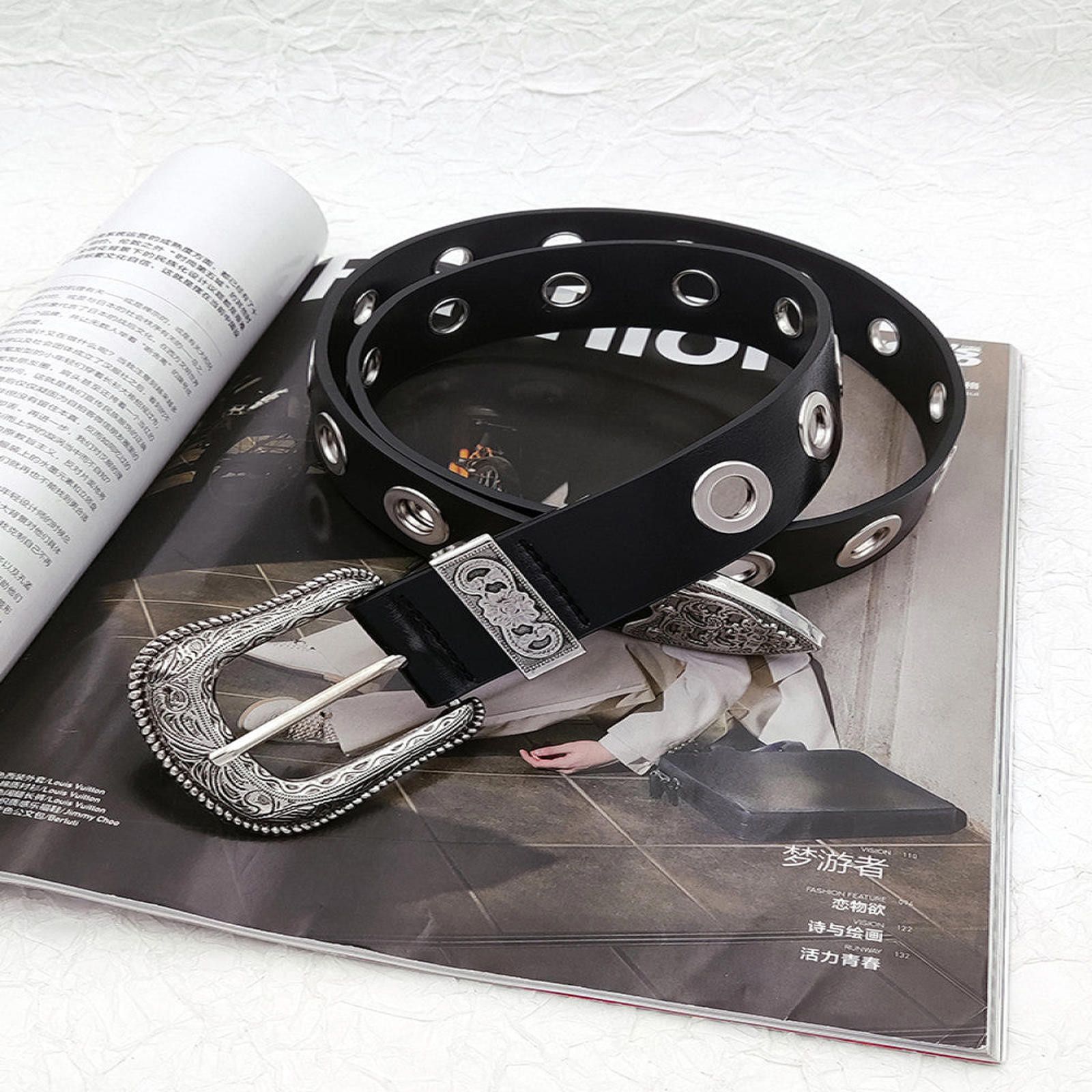 Other Black Leather Eyelet Belt with Decorative Buckle Size ONE SIZE - 3 Thumbnail