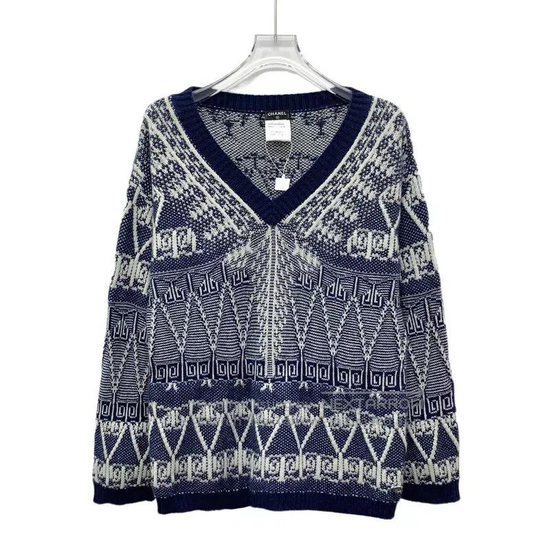 Chanel Chanel Blue geometric pattern inlaid cashmere V-neck long- Size XXS / US 00 / IT 34 - 1 Thumbnail