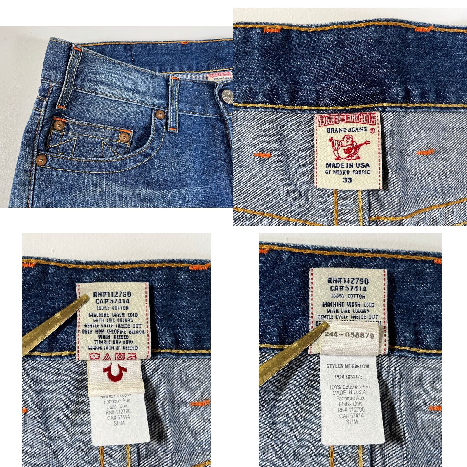 True Religion True Religion Jeans Slim Straight Leg Men's 33x32 Blue Denim Made in USA Regular 5-Pocket Pockets City USA Classic 90s Size US 33 - 8 Thumbnail